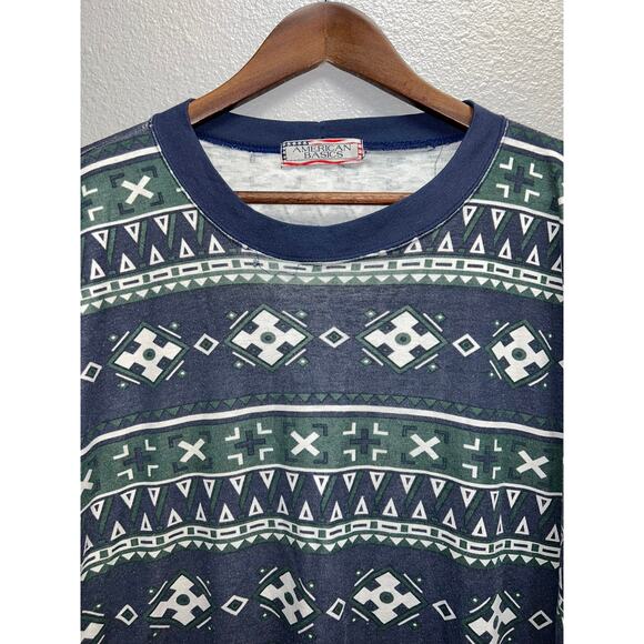 Vintage All Over Print Shirt Southwest Aztec Green Blue American Basics Tee XL - Picture 2 of 9